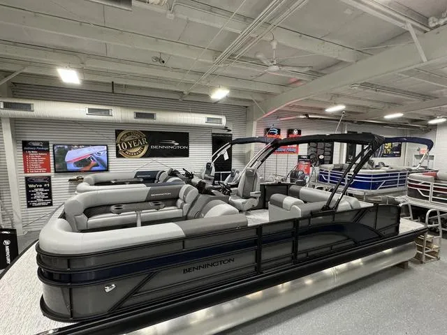 Slide: The Image of 2025 Bennington 23 SSB pontoon boat interior with sleek seating and modern design. - 7