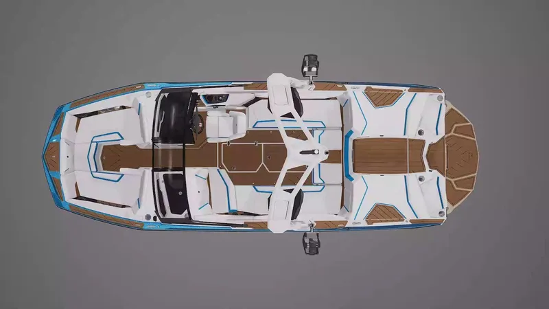 Slide: The Image of 2025 Nautique G23 boat, top view, showcasing sleek design and spacious interior layout. - 3