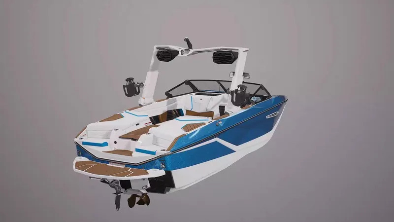Slide: The Image of 2025 Nautique G23 boat, blue and white design, rear view with seating and speakers. - 4