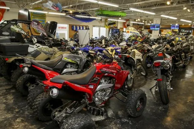 Slide: The Image of Showroom with various motorcycles, ATVs, and Yamaha Waverunners, including 2023 Superjet® model. - 20