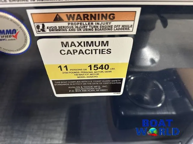 Slide: The Image of Warning label on Tahoe Sport 23' boat showing maximum capacity and safety information. - 17
