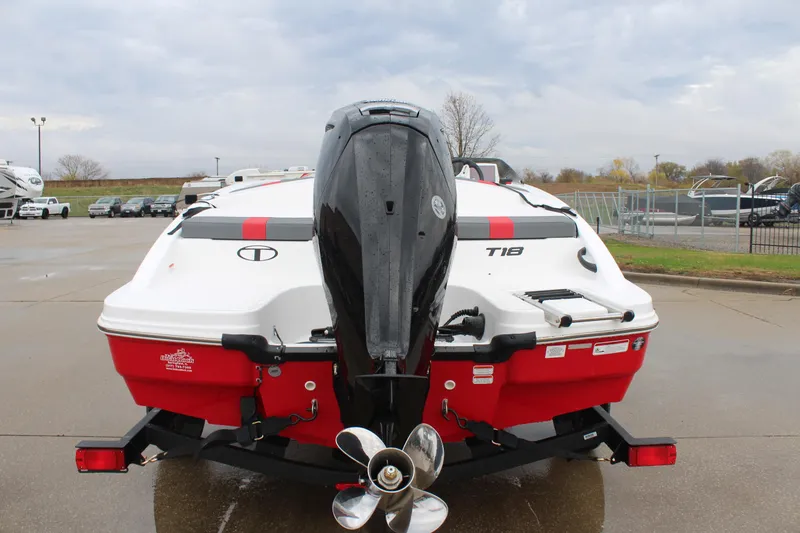 Slide: The Image of 2025 Tahoe T18 boat with outboard motor on trailer, rear view. - 6