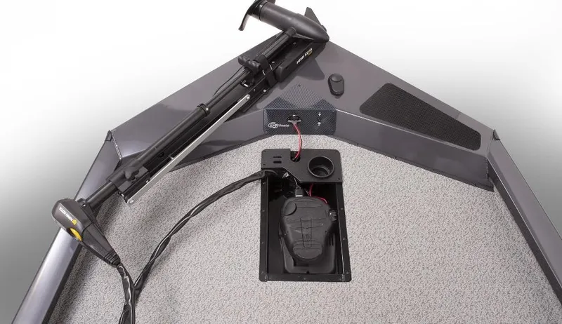 Slide: The Image of 2023 G3 Sportsman 1610 boat deck with trolling motor and control panel. - 10