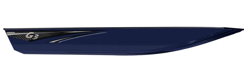 Slide: The Image of 2023 G3 Sportsman 1610 boat side view, sleek navy design with logo. - 12