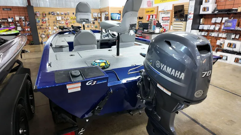 Slide: The Image of 2023 G3 Sportsman 1610 boat with Yamaha 70 outboard motor in showroom. - 3