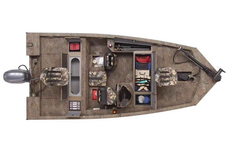 Slide: The Image of Top view of 2023 G3 Sportsman 1610 fishing boat with camo seats and storage compartments. - 7