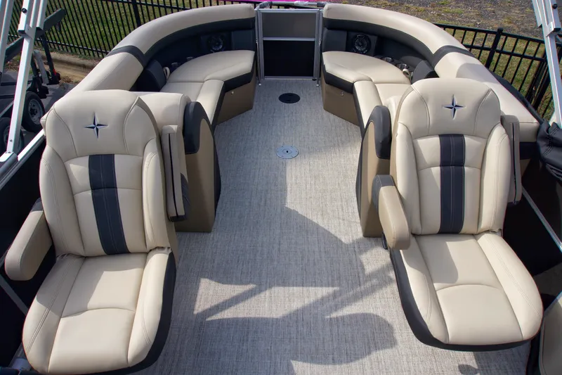 Slide: The Image of Luxurious interior of 2025 Berkshire 24RFXCTS275 pontoon boat with plush seating. - 4