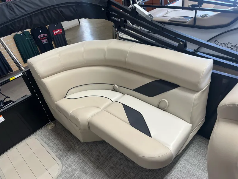 Slide: The Image of 2024 G3 SunCatcher X320 Cruise boat seating with beige upholstery and black accents. - 12