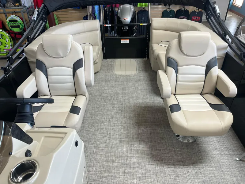 Slide: The Image of 2024 G3 SunCatcher X320 Cruise interior with beige seating and modern design. - 8