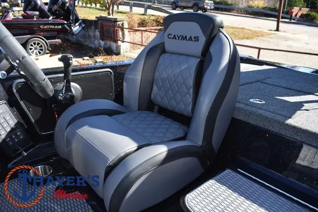 Slide: The Image of 2025 Caymas CX 21 PRO boat seat with gray and black upholstery. - 30