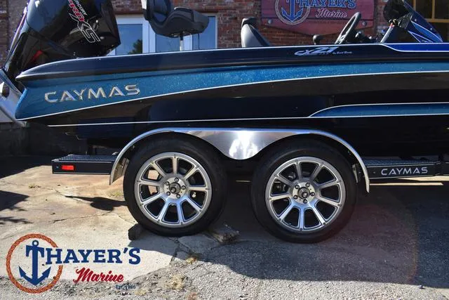 Slide: The Image of 2025 Caymas CX 21 PRO boat at Thayer's Marine, showcasing sleek design and dual wheels. - 6