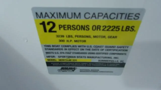 Slide: The Image of 2025 Sportsman Heritage 231 capacity label: 12 persons or 2225 lbs, 300 HP motor. - 16