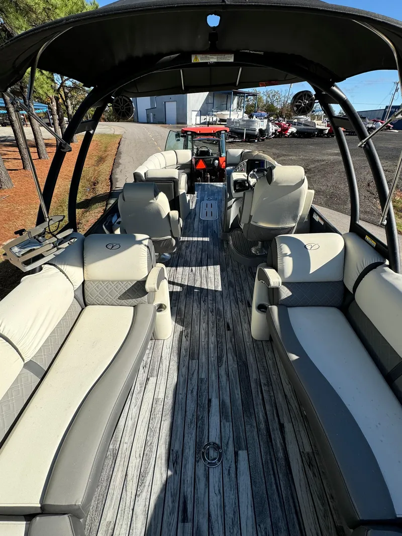 Slide: The Image of 2019 Veranda VP25RCT pontoon boat interior with spacious seating and modern design. - 6