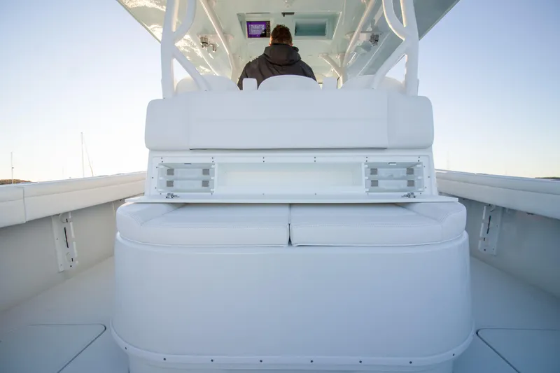 Slide: The Image of 2024 Yellowfin 39 boat interior with white seating and console. - 10