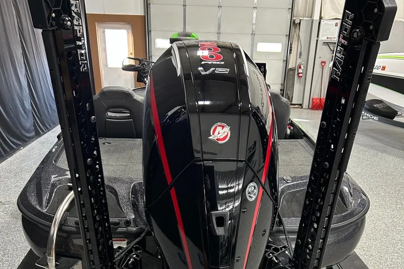 Slide: The Image of 2025 Nitro Z19 boat with powerful V8 engine in a garage setting. - 22