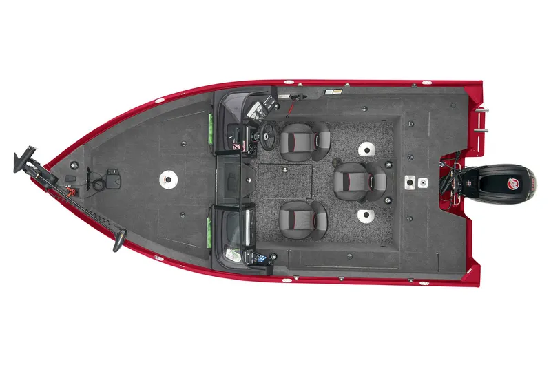 Slide: The Image of 2025 Tracker Pro Guide V-175 WT boat, top view, red exterior, spacious interior layout. - 2