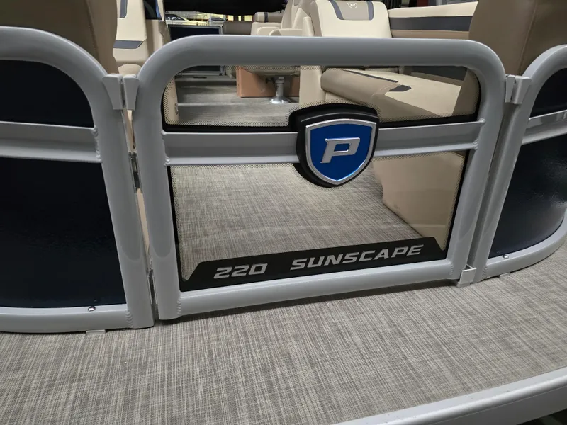 Slide: The Image of 2025 Premier 220 Sunscape RF boat interior with logo and seating. - 3