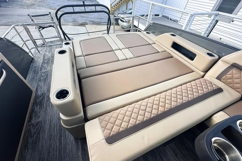 Slide: The Image of Luxurious seating on 2025 Godfrey AquaPatio 25' Flip Lounge Tritoon boat. - 41