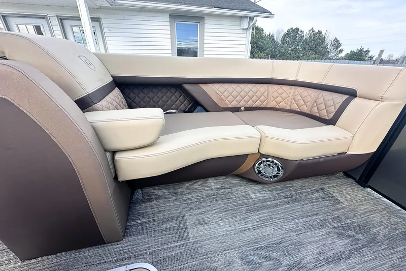 Slide: The Image of Luxurious seating and storage in 2025 Godfrey AquaPatio 25' Flip Lounge Tritoon. - 5
