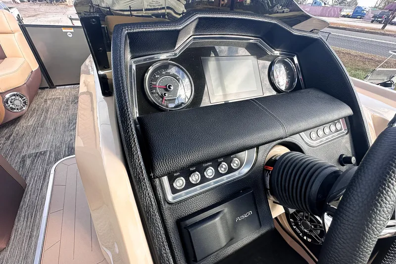 Slide: The Image of Luxurious interior of 2025 Godfrey AquaPatio 25' Flip Lounge Tritoon boat. - 9