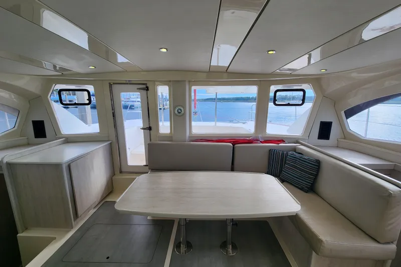 Slide: The Image of Interior of 2015 Leopard 44 catamaran with spacious seating and ocean view. - 124