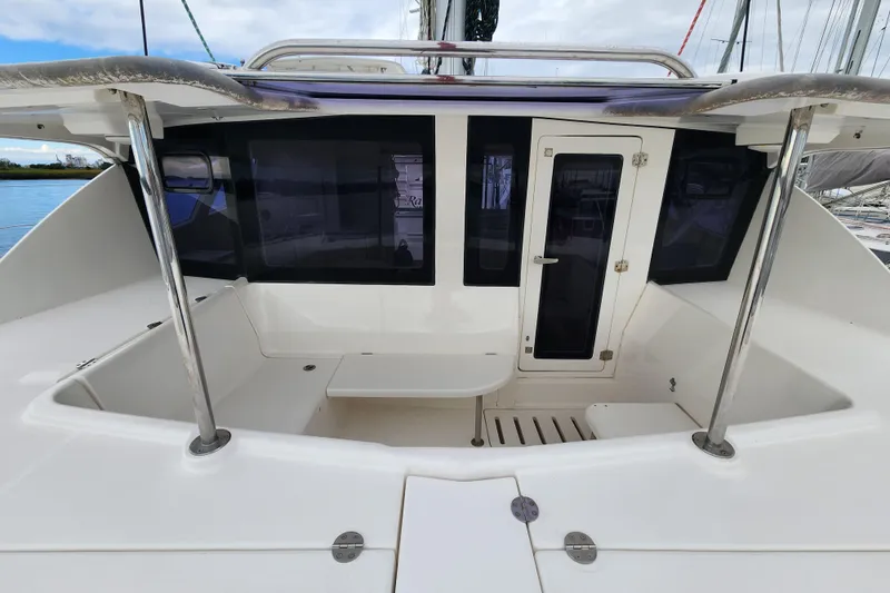 Slide: The Image of Leopard 44 catamaran cockpit, 2015 model, featuring spacious seating and sleek design. - 68