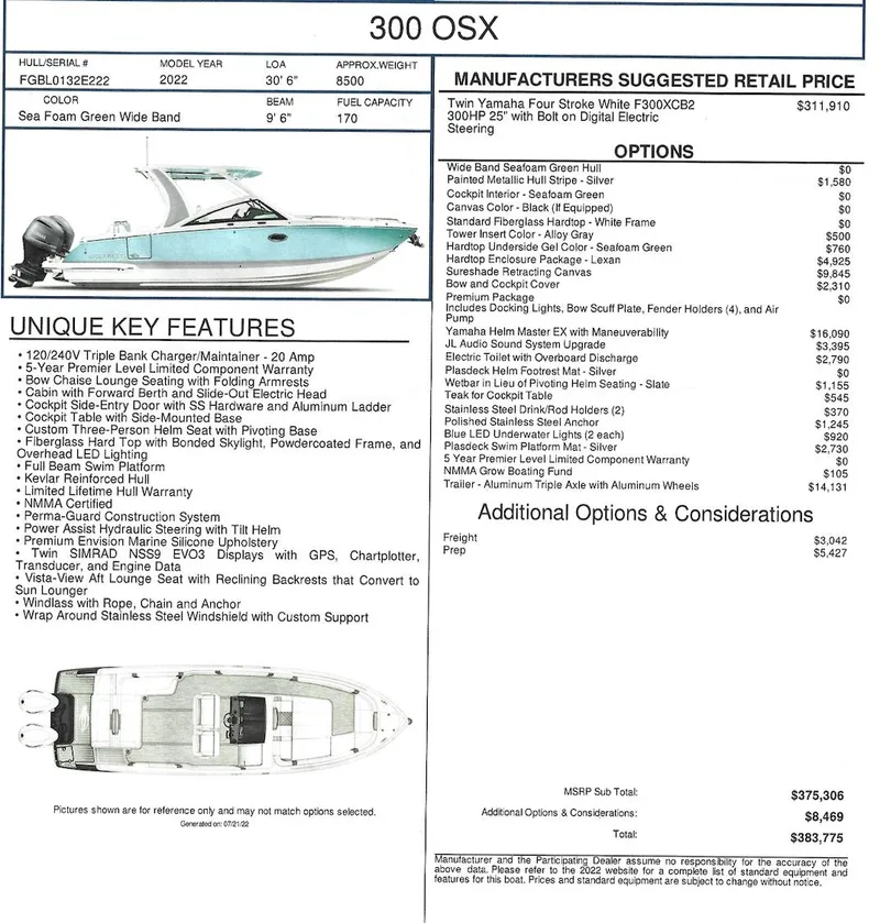 Slide: The Image of Chaparral 300 OSX 2022 boat features, pricing, and options list. - 27
