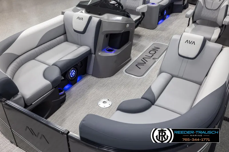 Slide: The Image of Luxurious 2025 Avalon LSZ QLS boat interior with modern seating and ambient lighting. - 10