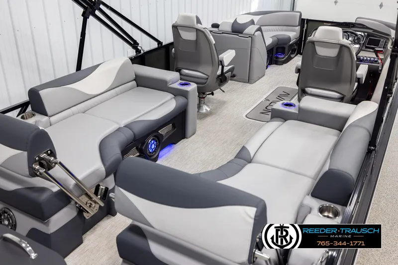 Slide: The Image of 2025 Avalon LSZ QLS pontoon boat interior with luxurious seating and modern design. - 12