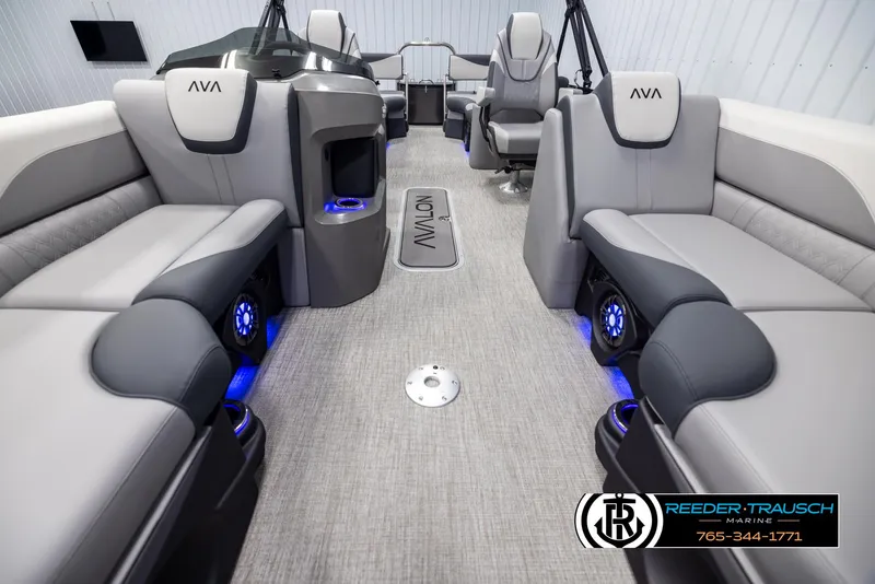 Slide: The Image of Luxurious 2025 Avalon LSZ QLS boat interior with plush seating and ambient lighting. - 13
