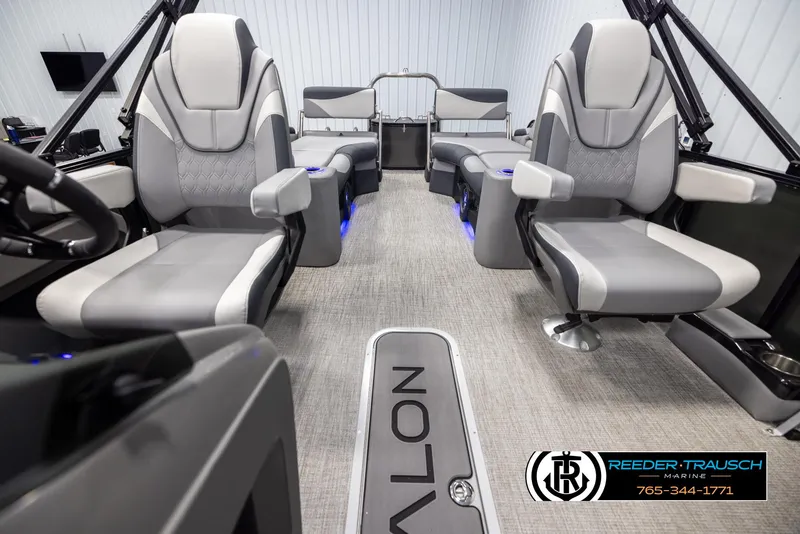 Slide: The Image of Luxurious interior of 2025 Avalon LSZ QLS pontoon boat with plush seating and modern design. - 14