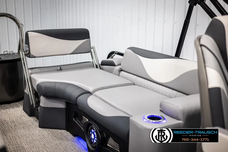 Slide: The Image of 2025 Avalon LSZ QLS boat interior with modern seating and LED cup holders. - 37