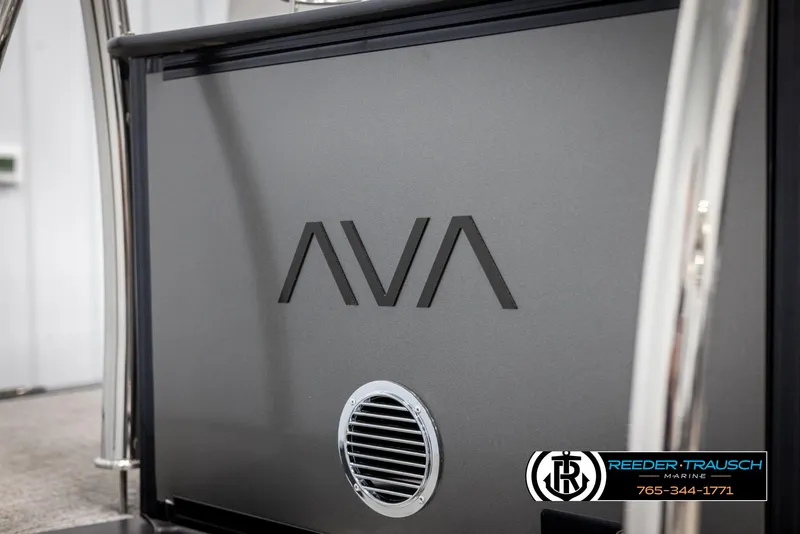 Slide: The Image of 2025 Avalon LSZ QLS boat panel with logo and vent, Reeder-Trausch Marine branding. - 47