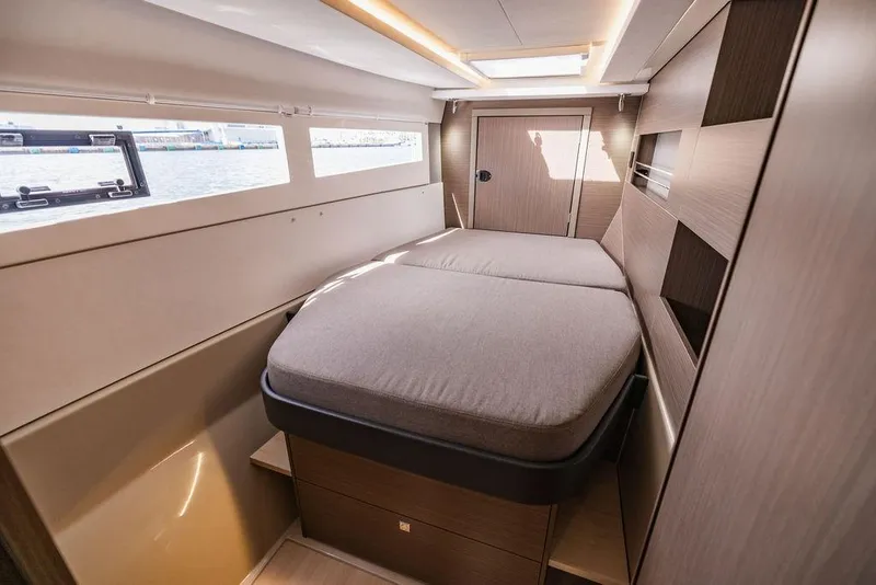 Slide: The Image of 2024 Leopard 45 yacht cabin with modern design and comfortable bedding. - 43