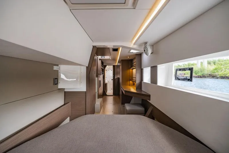 Slide: The Image of Luxurious interior of 2024 Leopard 45 yacht with modern design and large windows. - 6