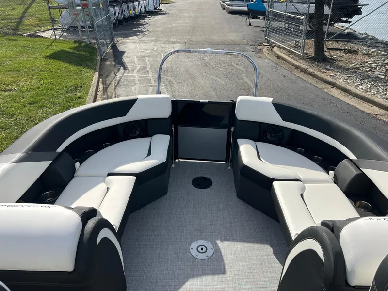 Slide: The Image of 2025 South Bay 222RS pontoon boat with spacious seating and modern design. - 13