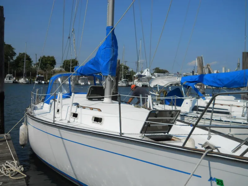 Slide: The Image of 1979 Morgan 382 sailboat docked at marina with blue covers and clear sky. - 22