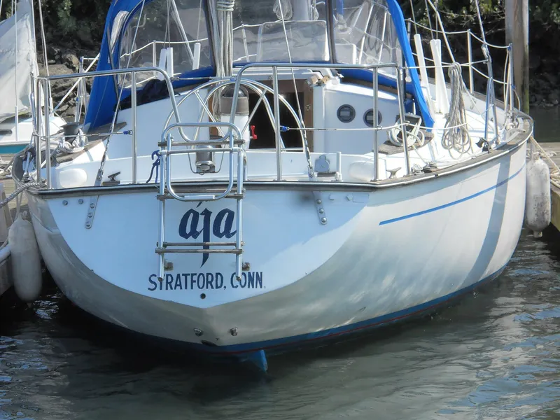 Slide: The Image of 1979 Morgan 382 sailboat docked, named "Aja," Stratford, Connecticut. - 24