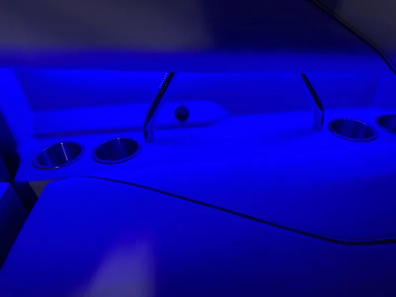 Slide: The Image of 2025 Regal LS4 Surf boat interior with blue LED lighting and cup holders. - 43