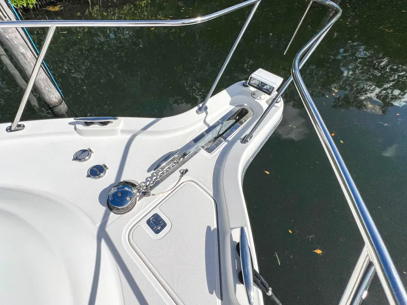 Slide: The Image of 2008 Tiara Yachts 3900 Sovran bow with anchor chain and railing. - 22
