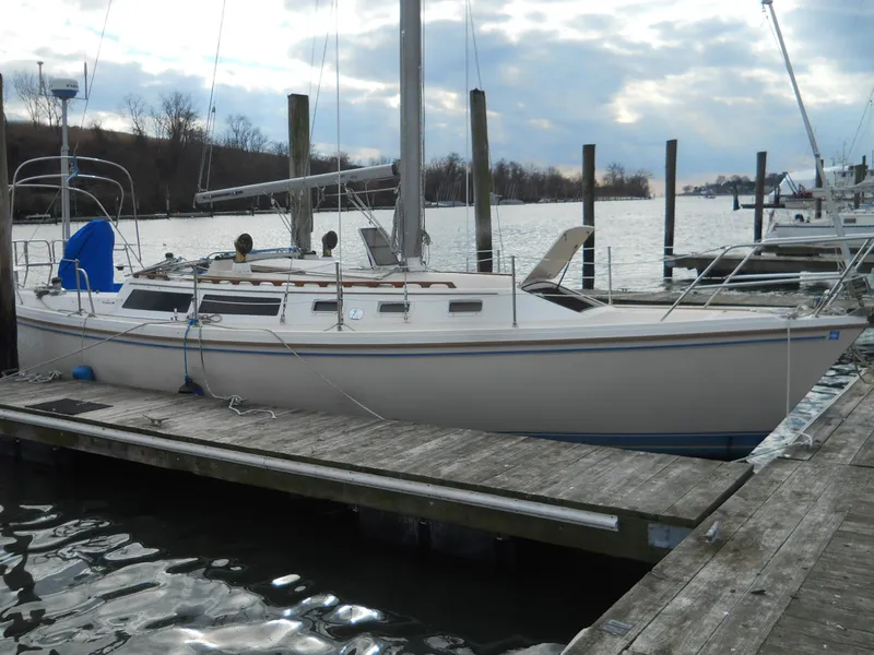 The Image of 1987 Catalina C-34 sailboat docked at a marina on a cloudy day. - 1