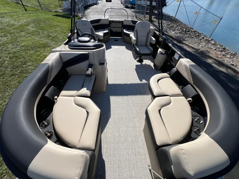 Slide: The Image of 2025 South Bay 220RS pontoon boat interior with luxurious seating and modern design. - 6