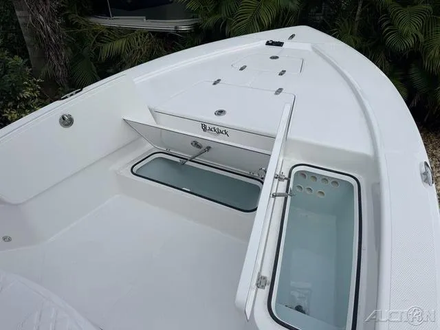 Slide: The Image of 2025 BlackJack 224 boat deck with open storage compartments. - 30