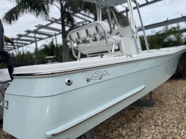 Slide: The Image of 2025 BlackJack 224 boat, sleek design, parked on gravel with palm trees in background. - 4