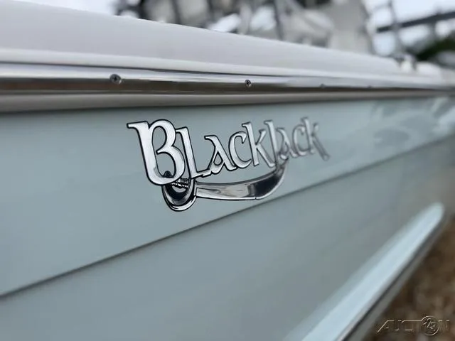 Slide: The Image of 2025 BlackJack 224 boat with sleek design and chrome logo detail. - 5