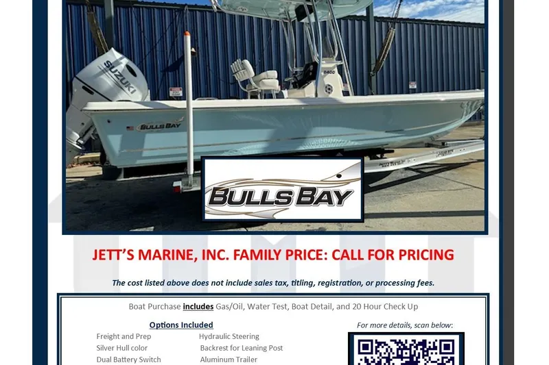 Slide: The Image of 2026 Bulls Bay 2400 boat at Jett's Marine, featuring Suzuki engine and various purchase options. - 7