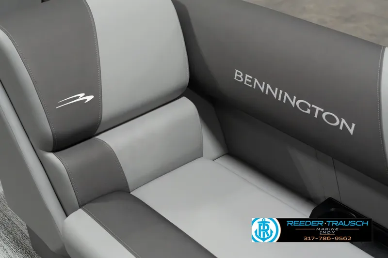 Slide: The Image of 2025 Bennington 22 SLSE boat seat with logo, gray upholstery, Reeder-Trausch branding. - 40