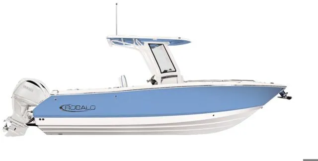 Slide: The Image of 2024 Robalo R250 boat, blue and white design, side view, with outboard motor. - 9