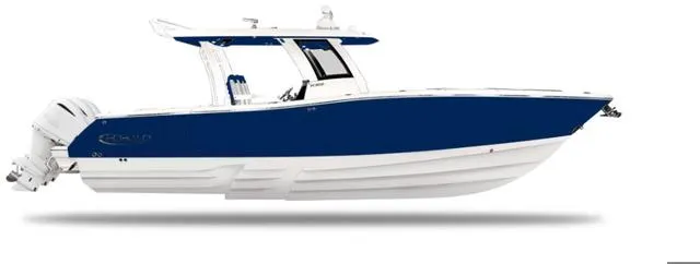 Slide: The Image of 2024 Robalo R360 boat, sleek blue and white design, side view. - 1