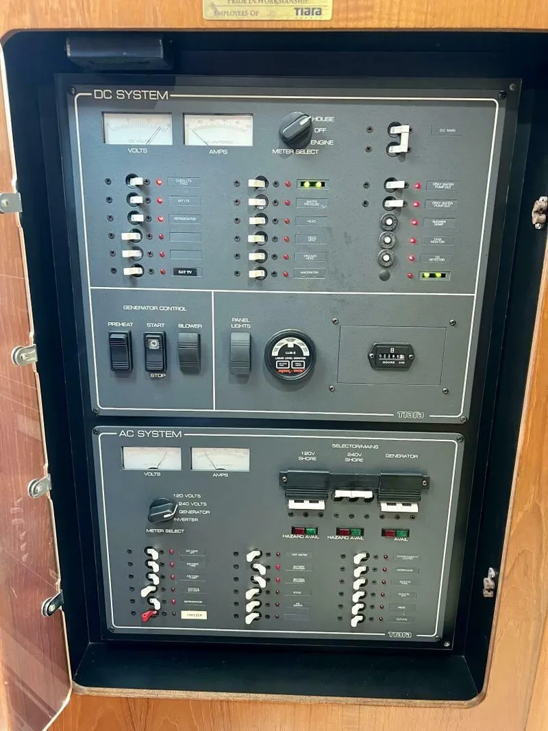 Slide: The Image of Electrical panel of a 1997 Tiara Yachts 41, featuring DC and AC systems. - 14